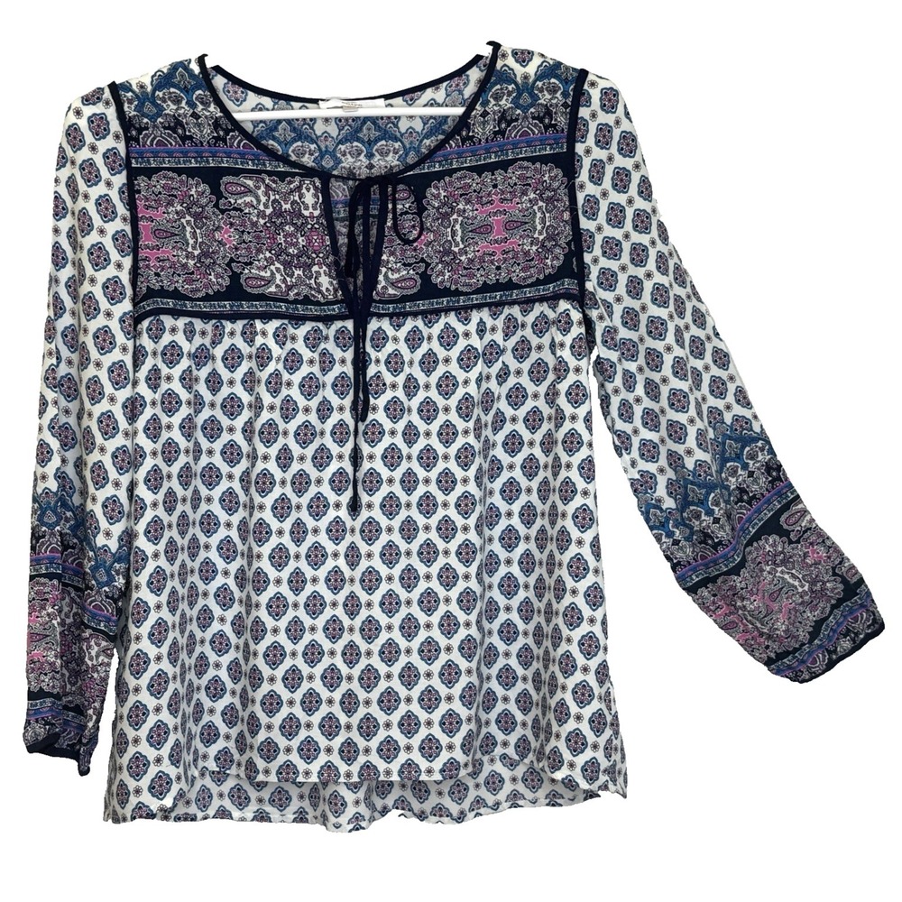 Entro Peasant Top Womens Sz Large Mixed Print Multicolor Long Sleeve Tie V-Neck